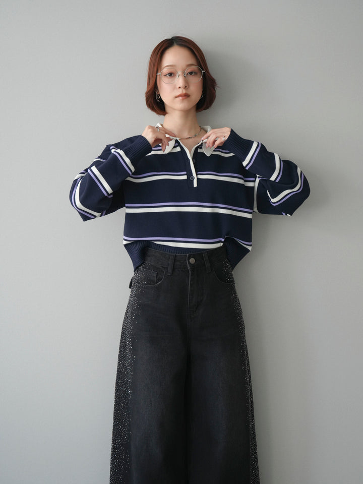 [予約]マルチボーダーポロニットトップス/navy