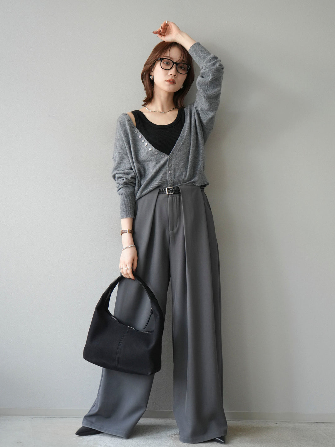 [SET]デザインボタンニットカーディガン＆タンクトップSET+ベルトループデザインワイドパンツ(2set)