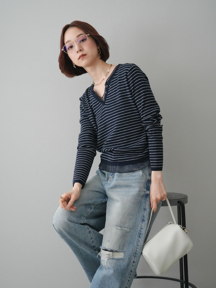 [SET]チュールレイヤードデザインボーダーニットトップス+ダメージデニムセミワイドパンツ(2set)