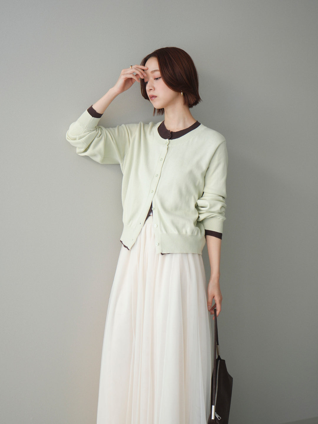 [予約]配色レイヤードコットンアクリルニットカーディガン/mint