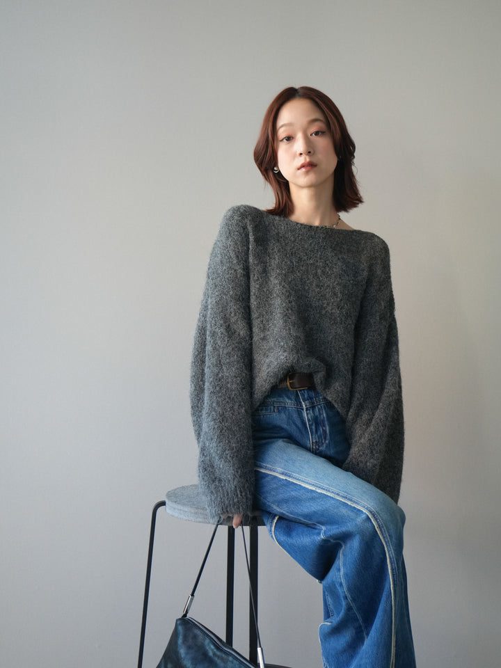 [SET]透かしデザインニットプルオーバー+サイドフリンジワイドデニムパンツ(2set)