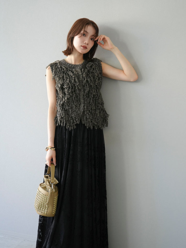 [SET]フリンジループニットベスト+アンティーク柄フロッキーマキシスカート(2set)