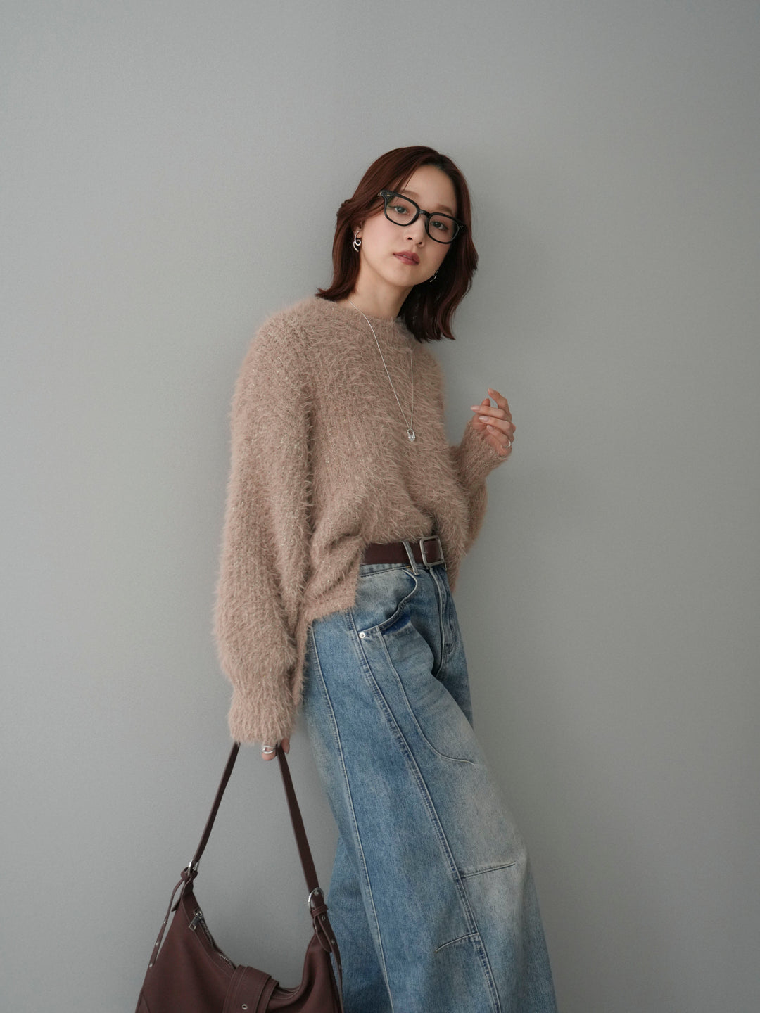 [SET]ボリュームスリーブシャギー MIXニットプルオーバー+ベルト付カーブデニムパンツ(2set)