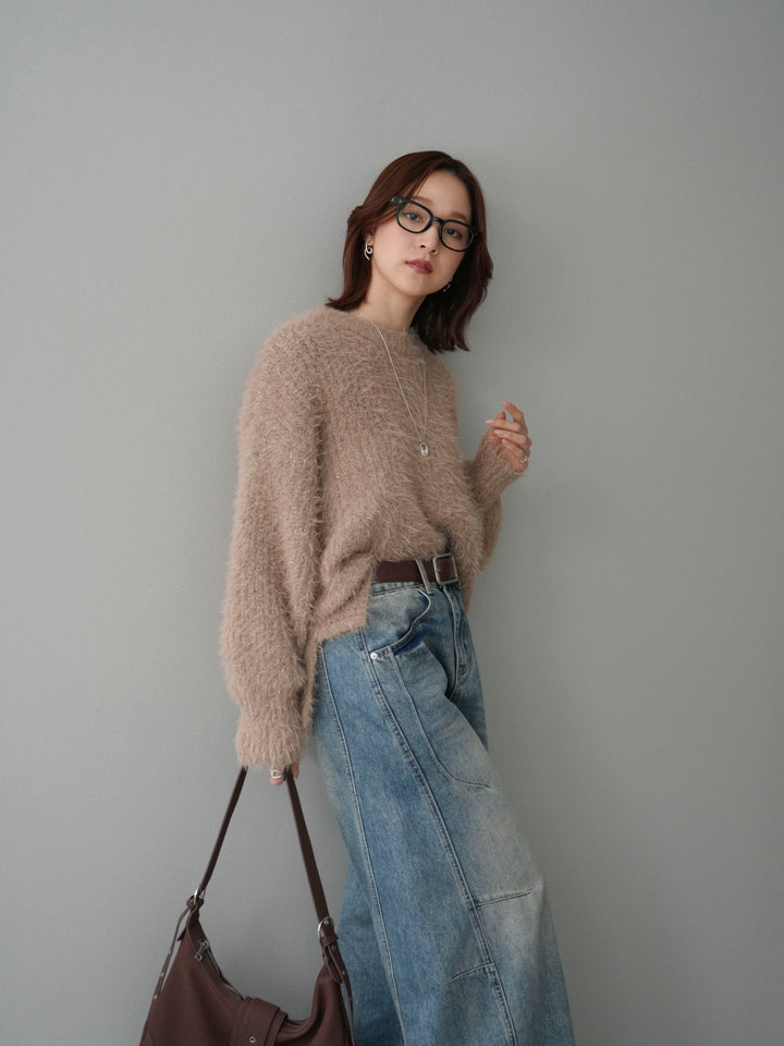 [SET]ボリュームスリーブシャギー MIXニットプルオーバー+ベルト付カーブデニムパンツ(2set)