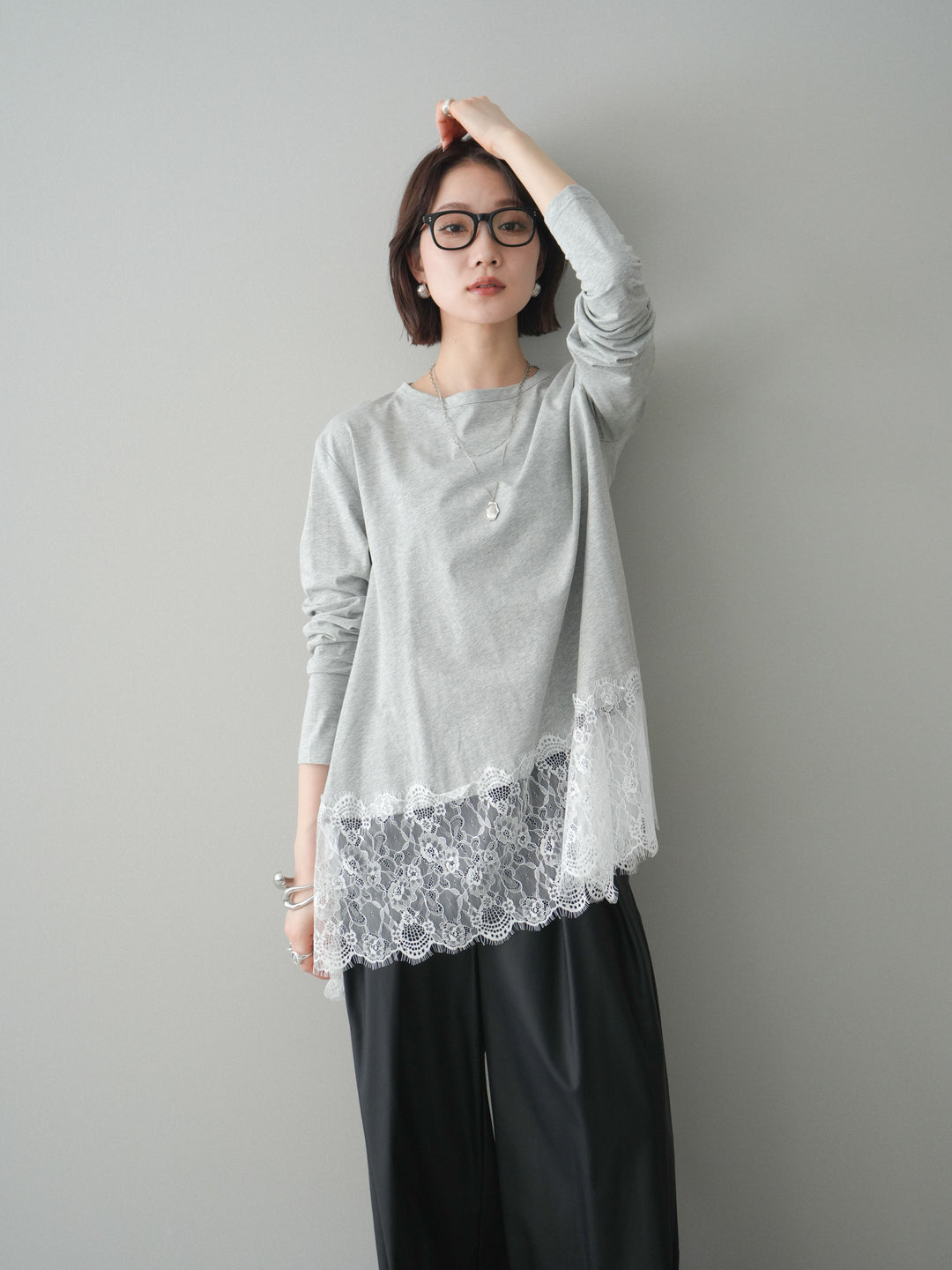 [SET]裾レースロングスリーブTシャツ+選べるアクセセット(2set)