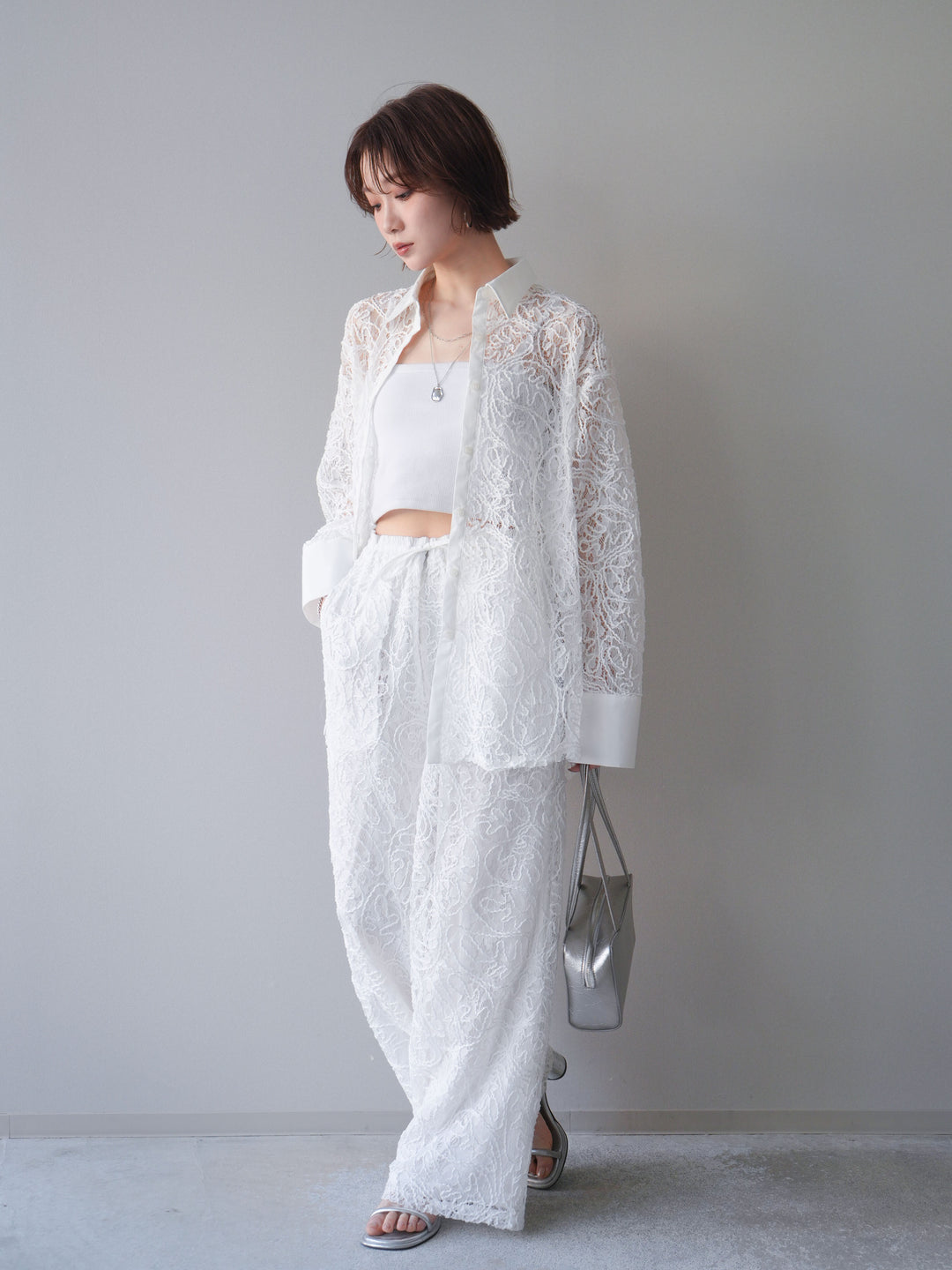 [SET]シアーコードレースオーバーシャツ+シアーコードレースイージーパンツ(2set)