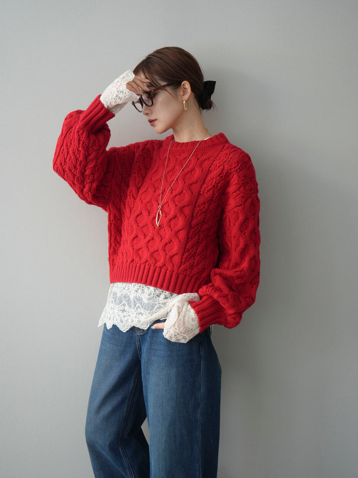 【着回しセット】[SET]バルキーケーブルクロップドニットプルオーバー+アンゴラタッチクルーネックニットプルオーバー+チュールレーストップス(3set)