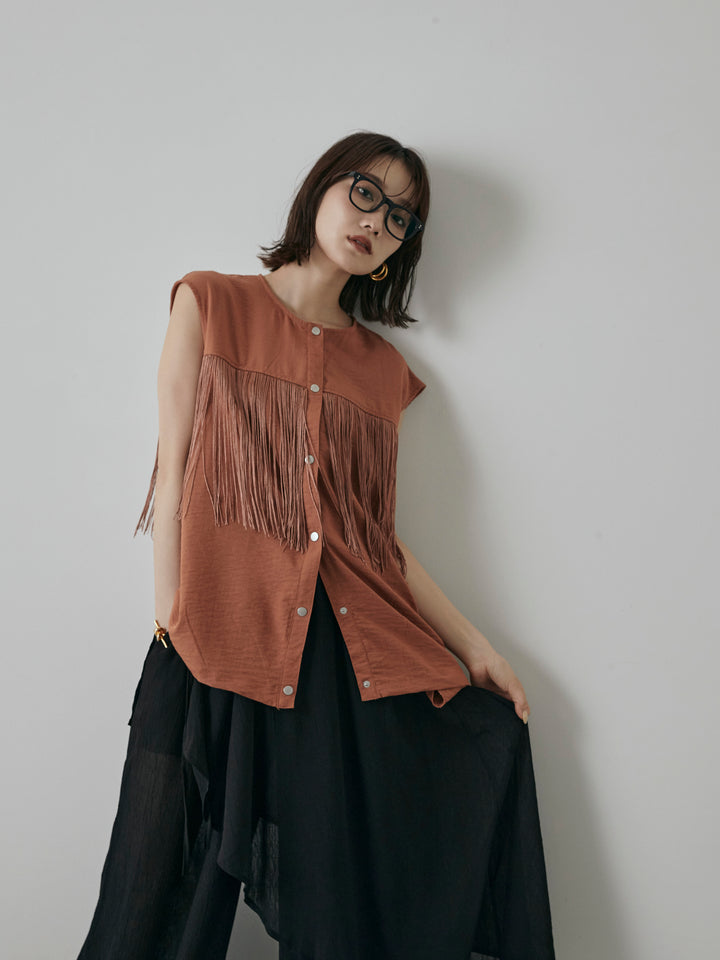 【預購】流蘇無袖上衣/摩卡色