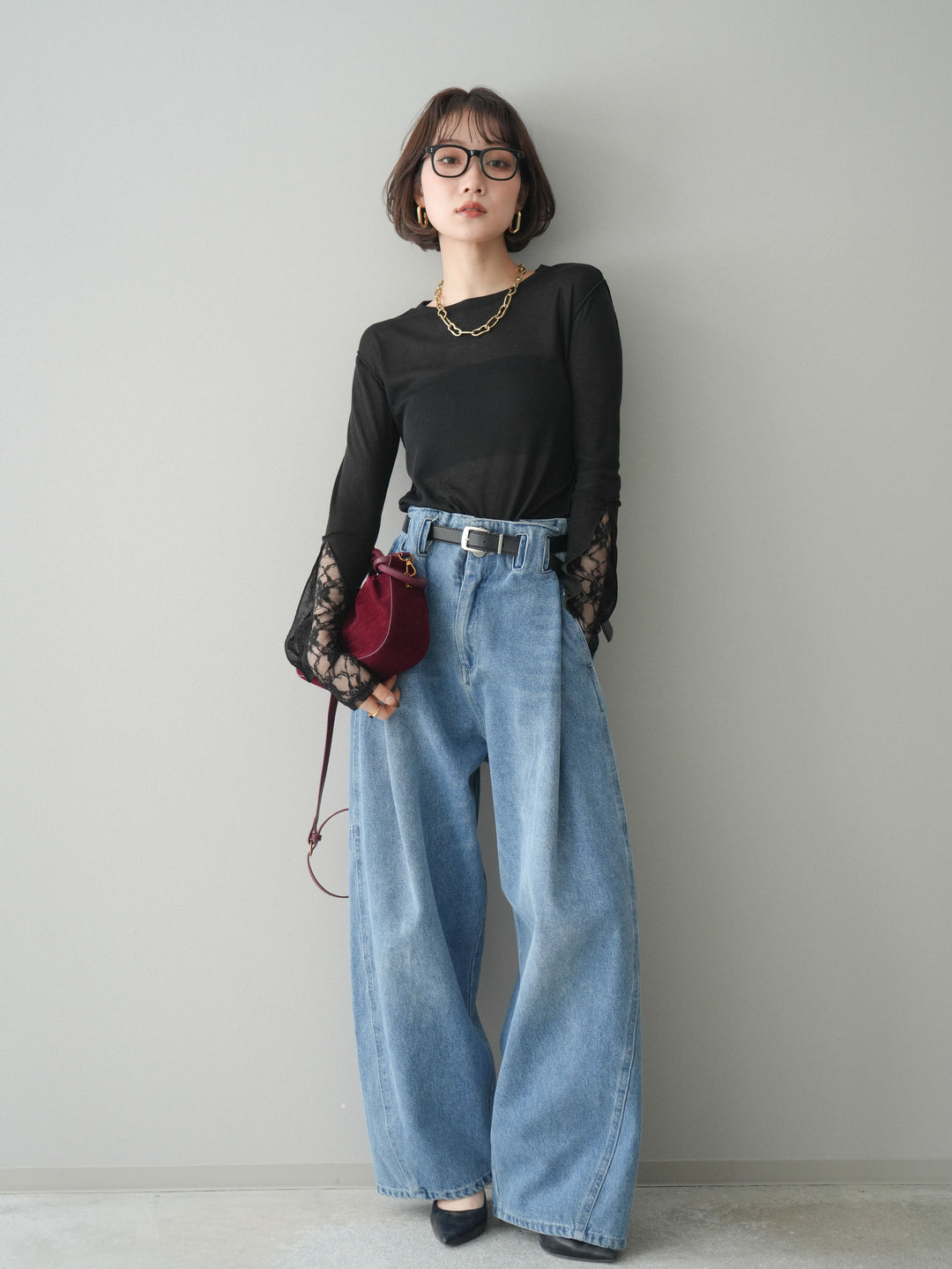 [予約]袖レースレイヤードデザインメロートップス/black