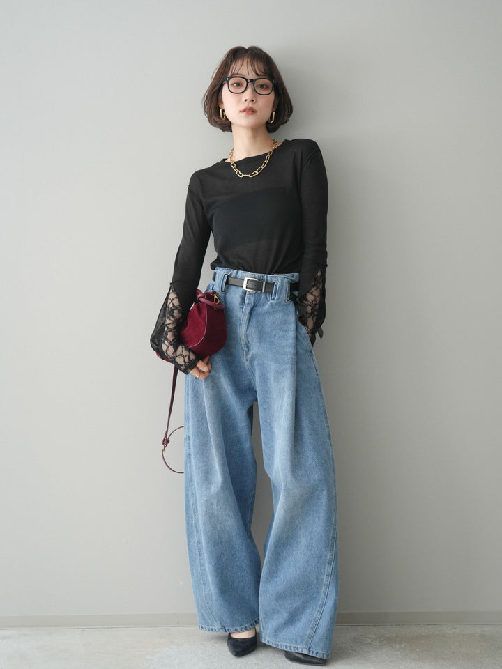 [予約]袖レースレイヤードデザインメロートップス/black