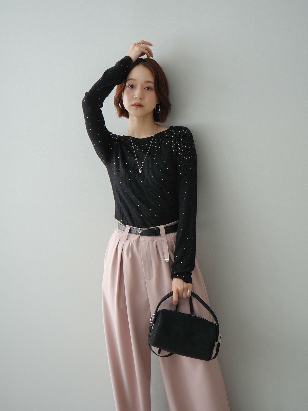 [SET]スパンコールシアーニットトップス+選べるアクセセット(2set)