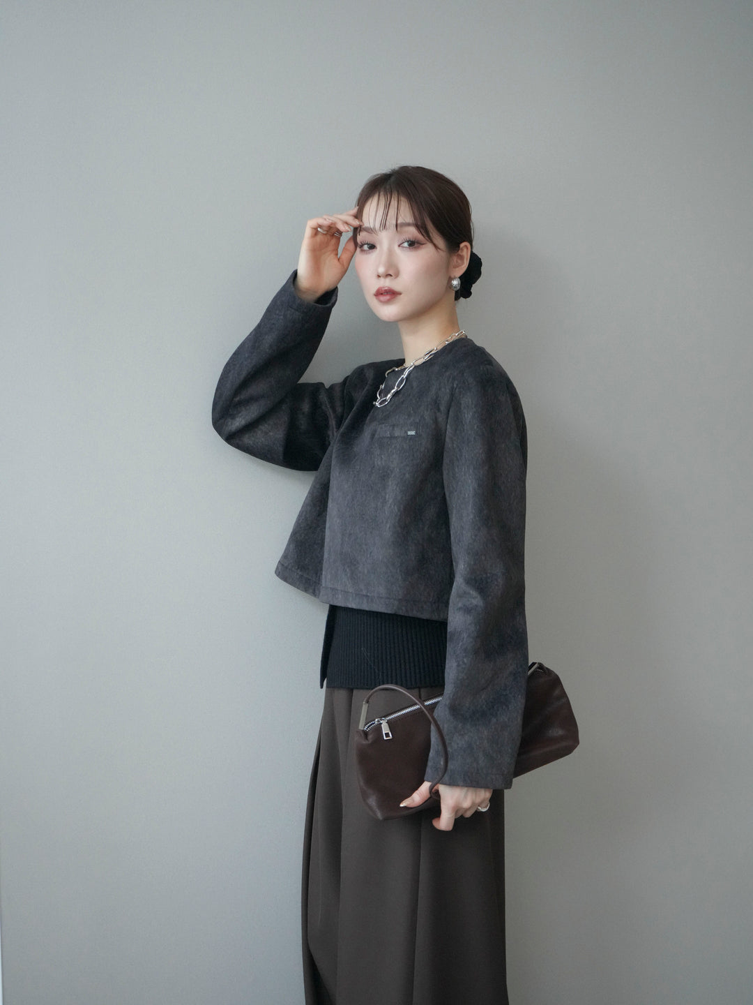 [予約]リブニットレイヤードスエードプルオーバー/charcoal