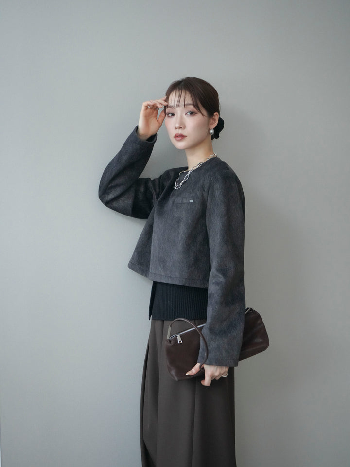 [予約]リブニットレイヤードスエードプルオーバー/charcoal