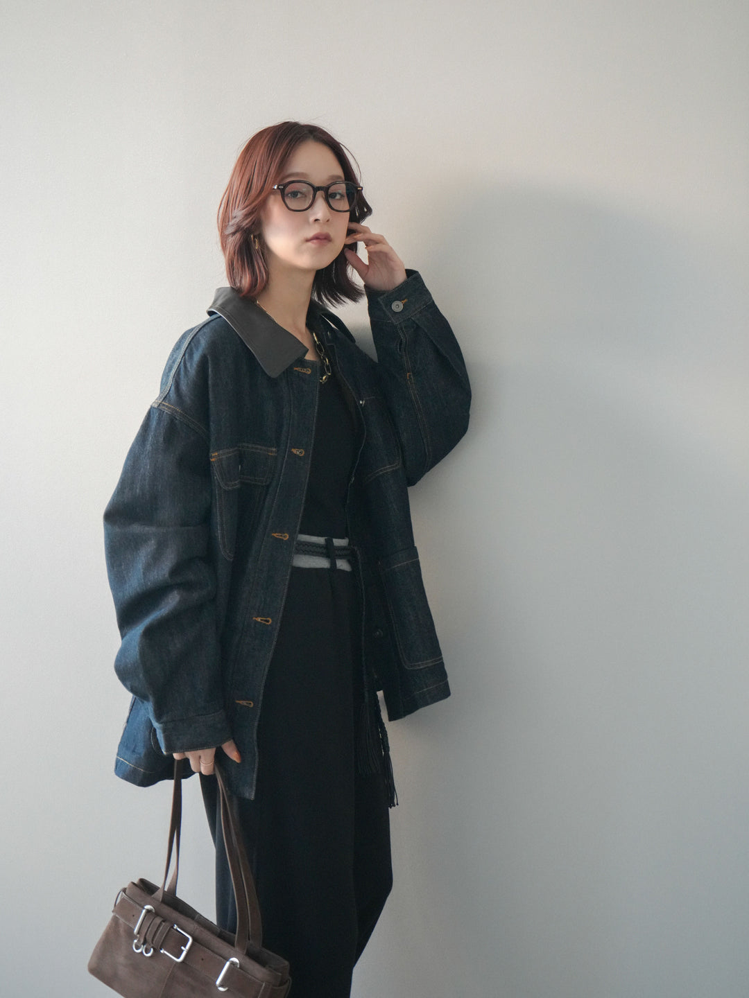 [SET]裏地ファーデニムフライトジャケット+編み込みベルト付きウエスト配色スエットパンツ(2set)