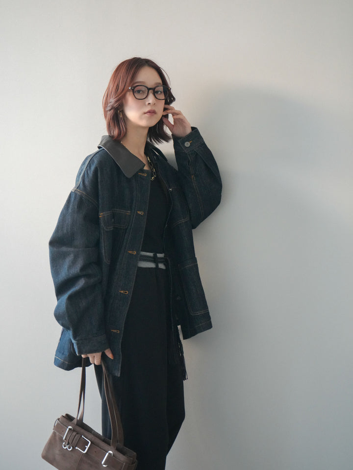 [SET]裏地ファーデニムフライトジャケット+編み込みベルト付きウエスト配色スエットパンツ(2set)