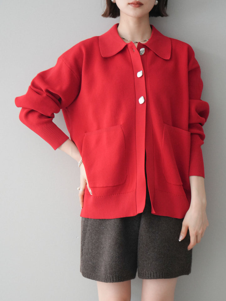 [予約]メタルボタン襟付きポリエステルニットカーディガン/red