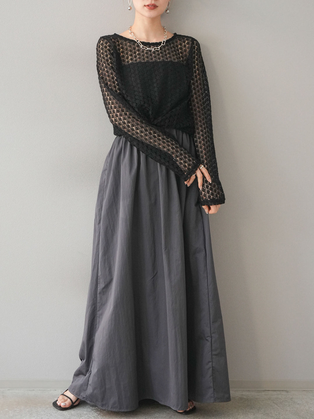 [予約]透かし編みトップス/ブラック