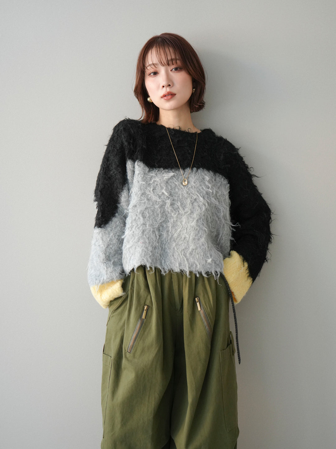 [SET]バイカラーモヘアタッチニットプルオーバー+コットンタックループパンツ(2set)