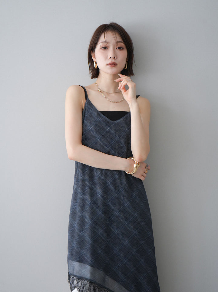 [予約]アシンメトリーチェック柄レースキャミソール/black