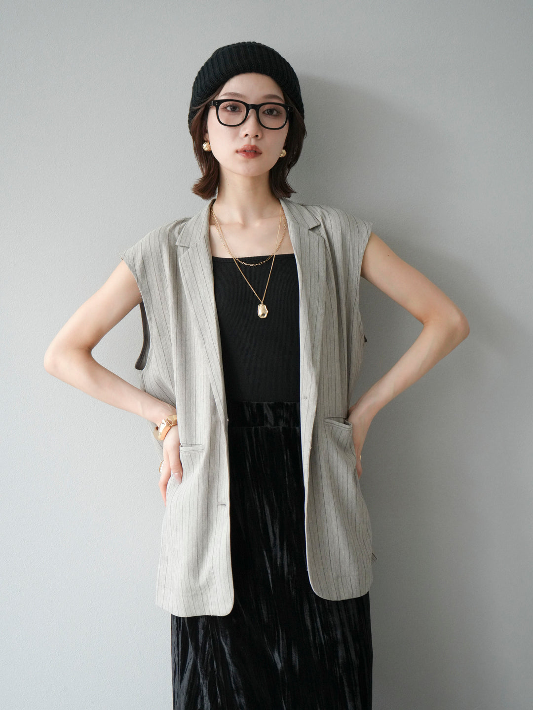 [予約]ヘリンボーンストライプジレ/グレージュ