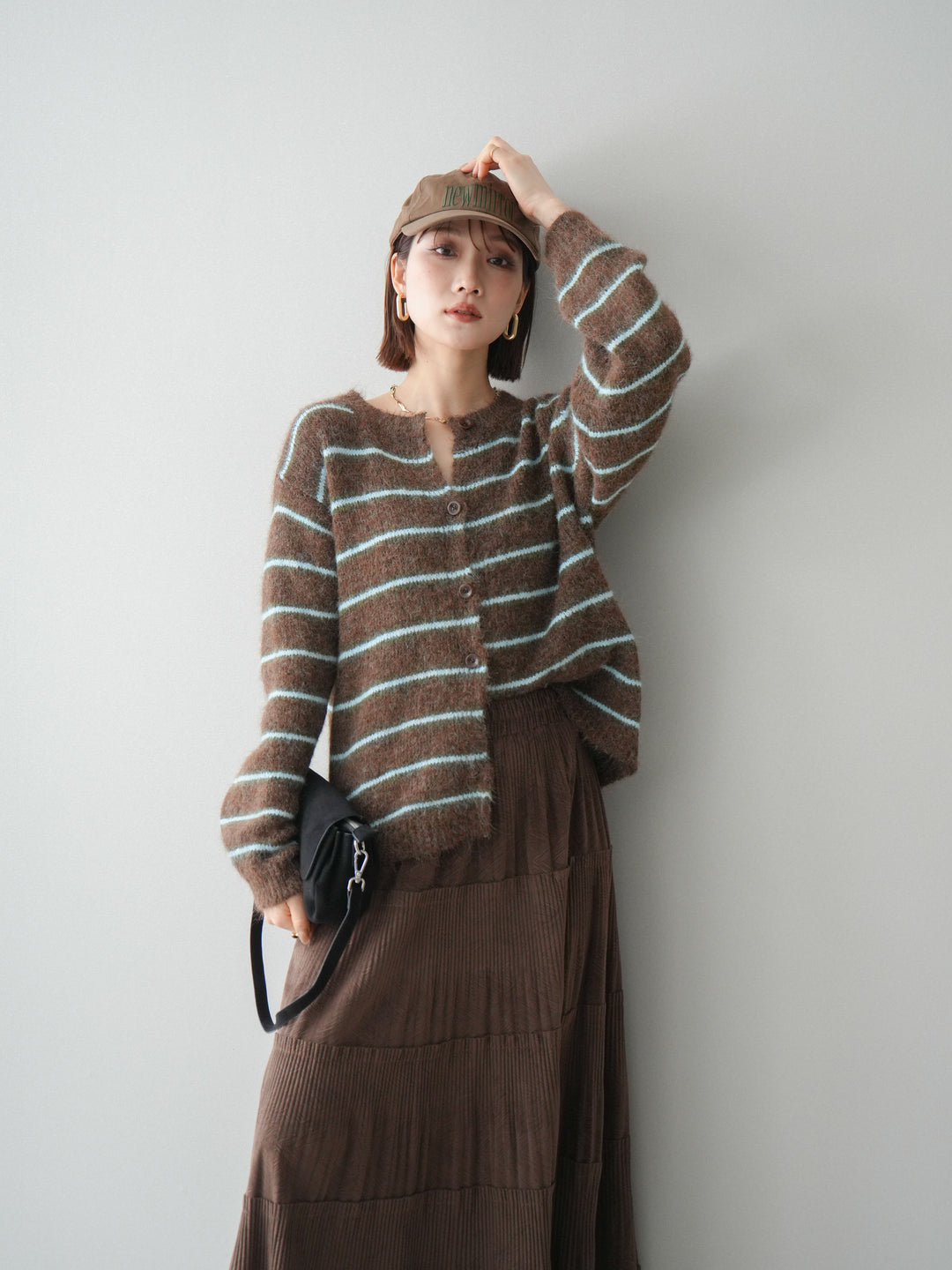 [予約]ボーダーシャギーニットカーディガン/brown