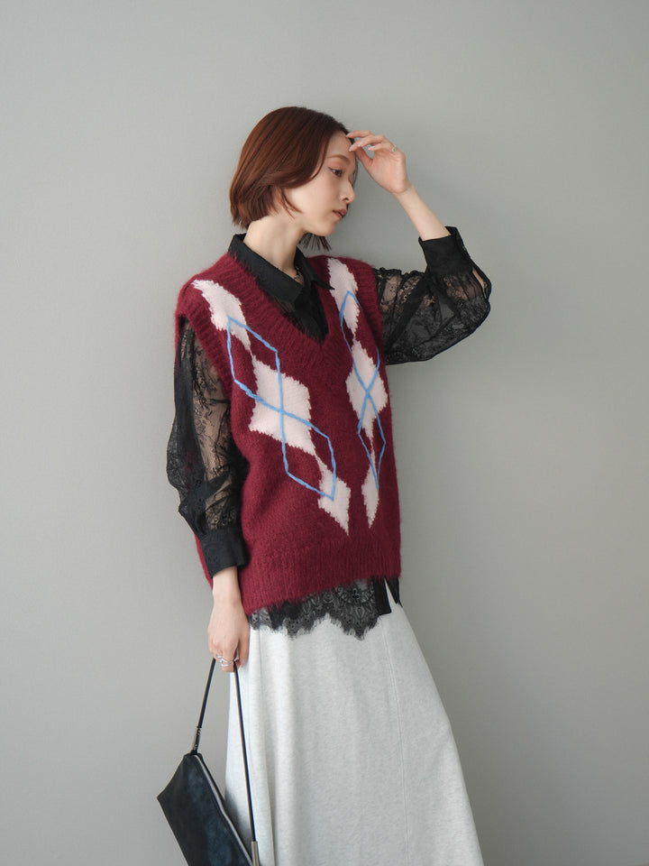 [SET]アーガイルVネックニットベスト+選べるアクセセット(2set)