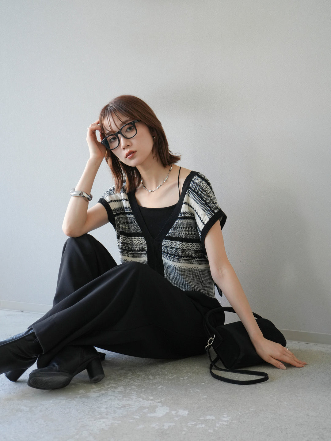 [予約]ガーター編み2WAYニットベスト/ホワイト×ブラック