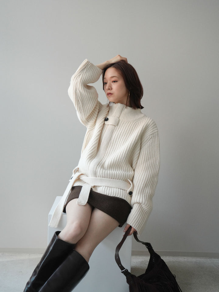 [SET]畦編みボトルネックZIPニットカーディガン+ウールタッチベルト付ミニスカート(2set)