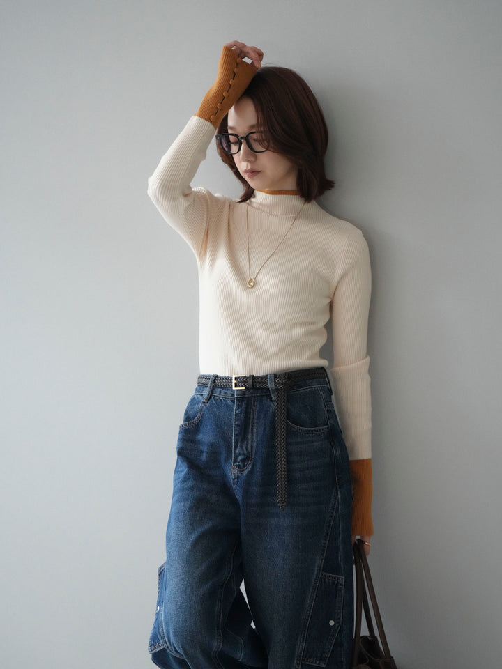 [予約]袖ボタンハイネック配色リブニットトップス/ivory