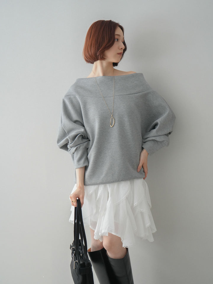 [SET]アシンメトリーオフショルポンチプルオーバー+ラッフルレースミニスカート(2set)