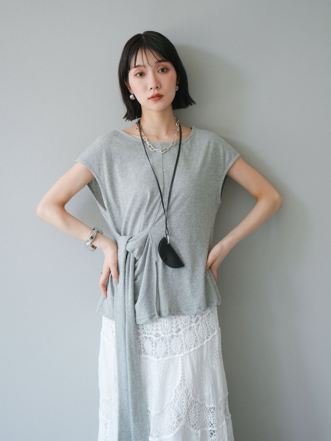 [予約]フロント巻きデザインカットソー/グレー
