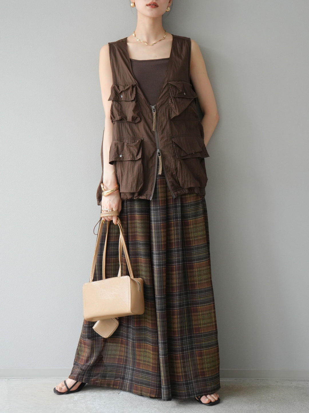 [預購] 透視格紋寬鬆褲/棕色