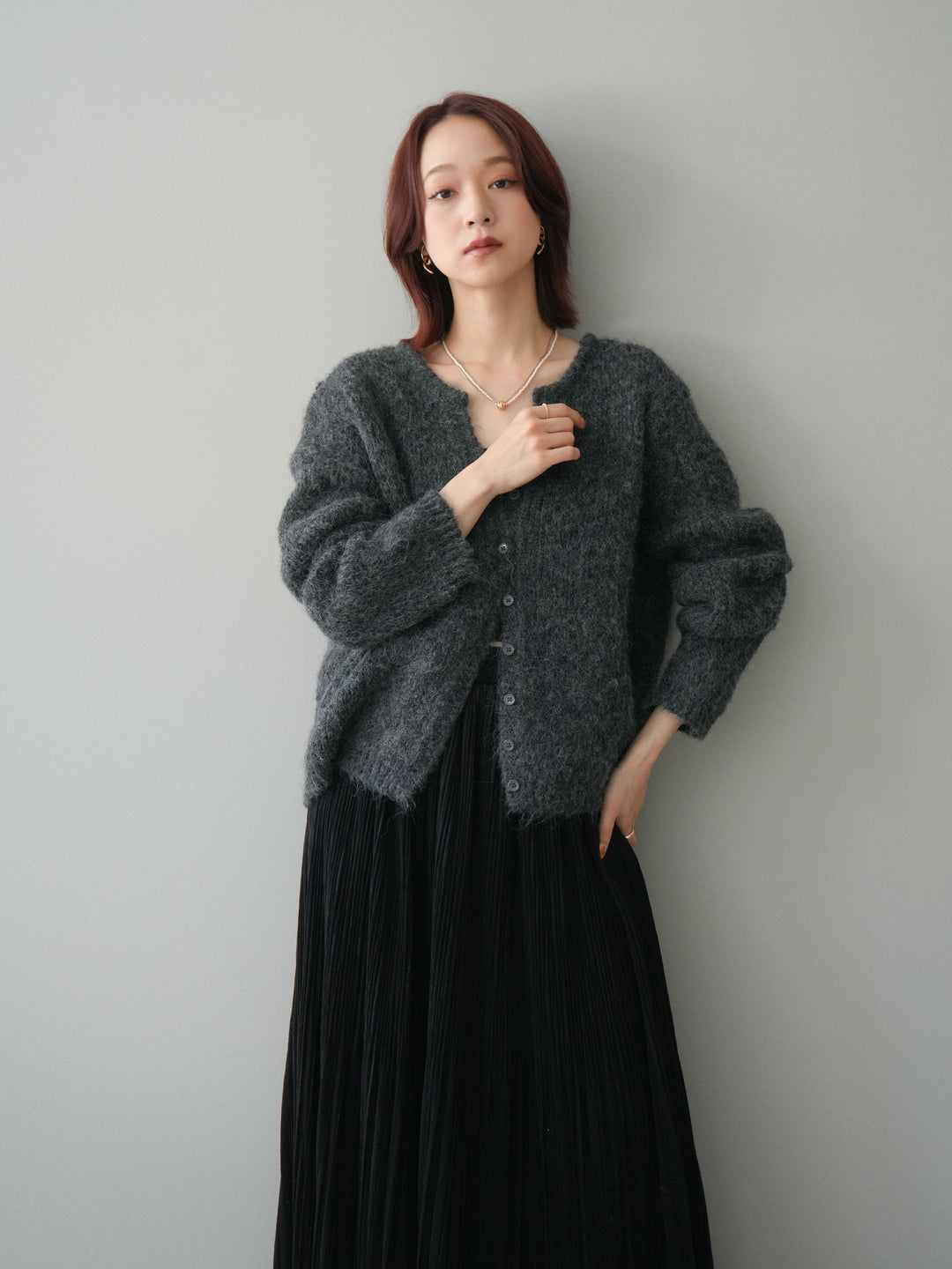 [予約]キーネックシャギーニットカーディガン/gray