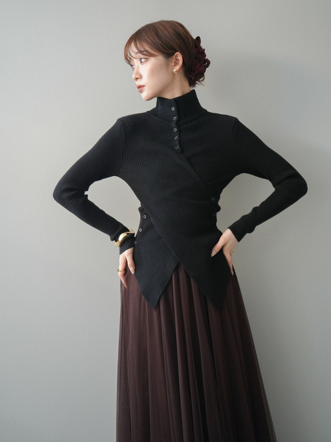 [予約]クロスデザインボトルネックリブニットトップス/black