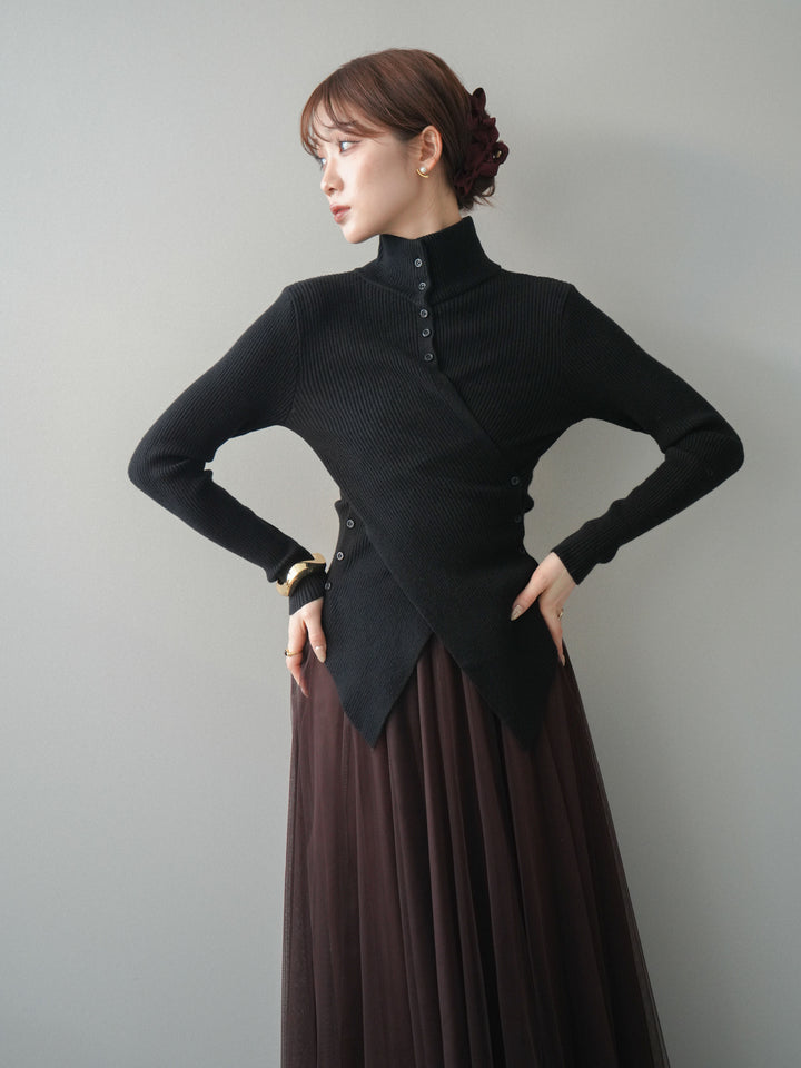 [予約]クロスデザインボトルネックリブニットトップス/black