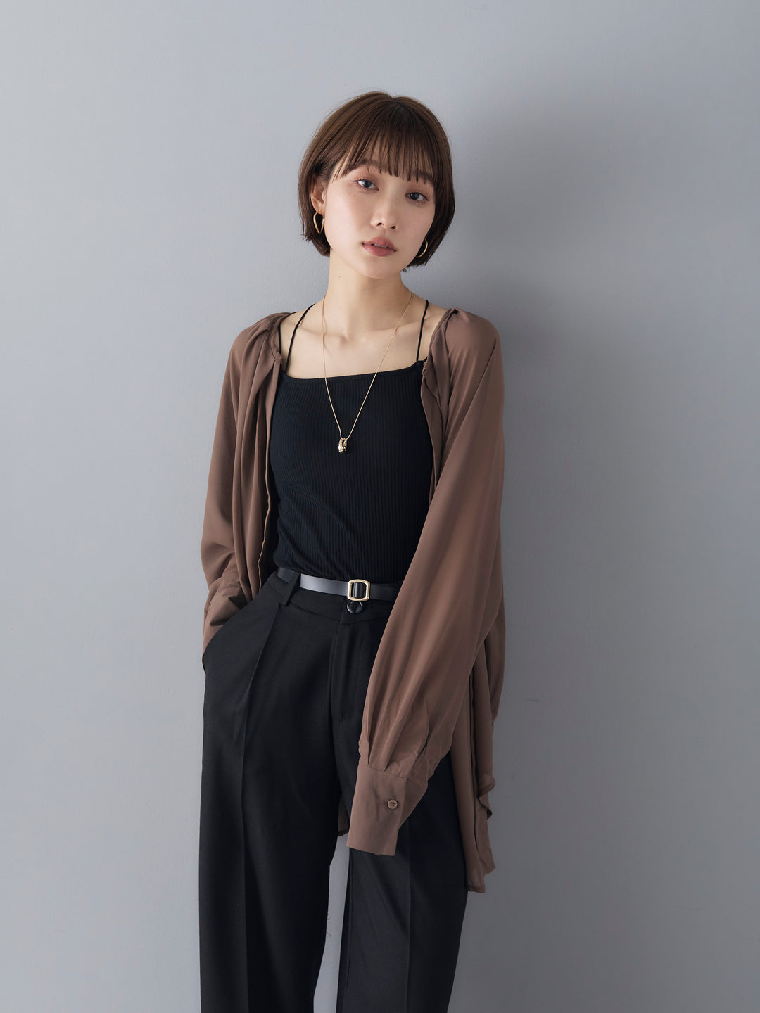 [Pre-order] Sheer No-Collar 2-Way LS Blouse/Beige