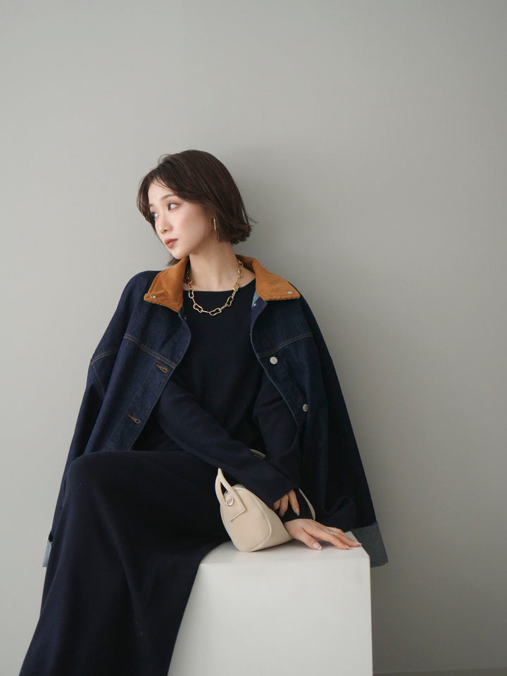 [SET]2WAYニットワンピース+コーデュロイ×デニムミドルジャケット(2set)