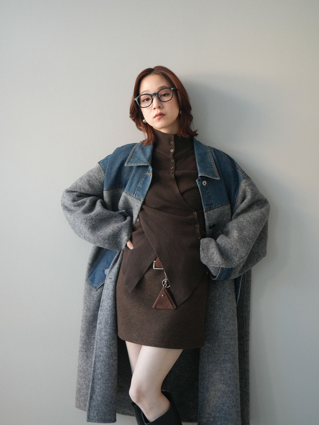 [SET]デニム切替シャギーステンカラーコート+ウールタッチベルト付ミニスカート(2set)