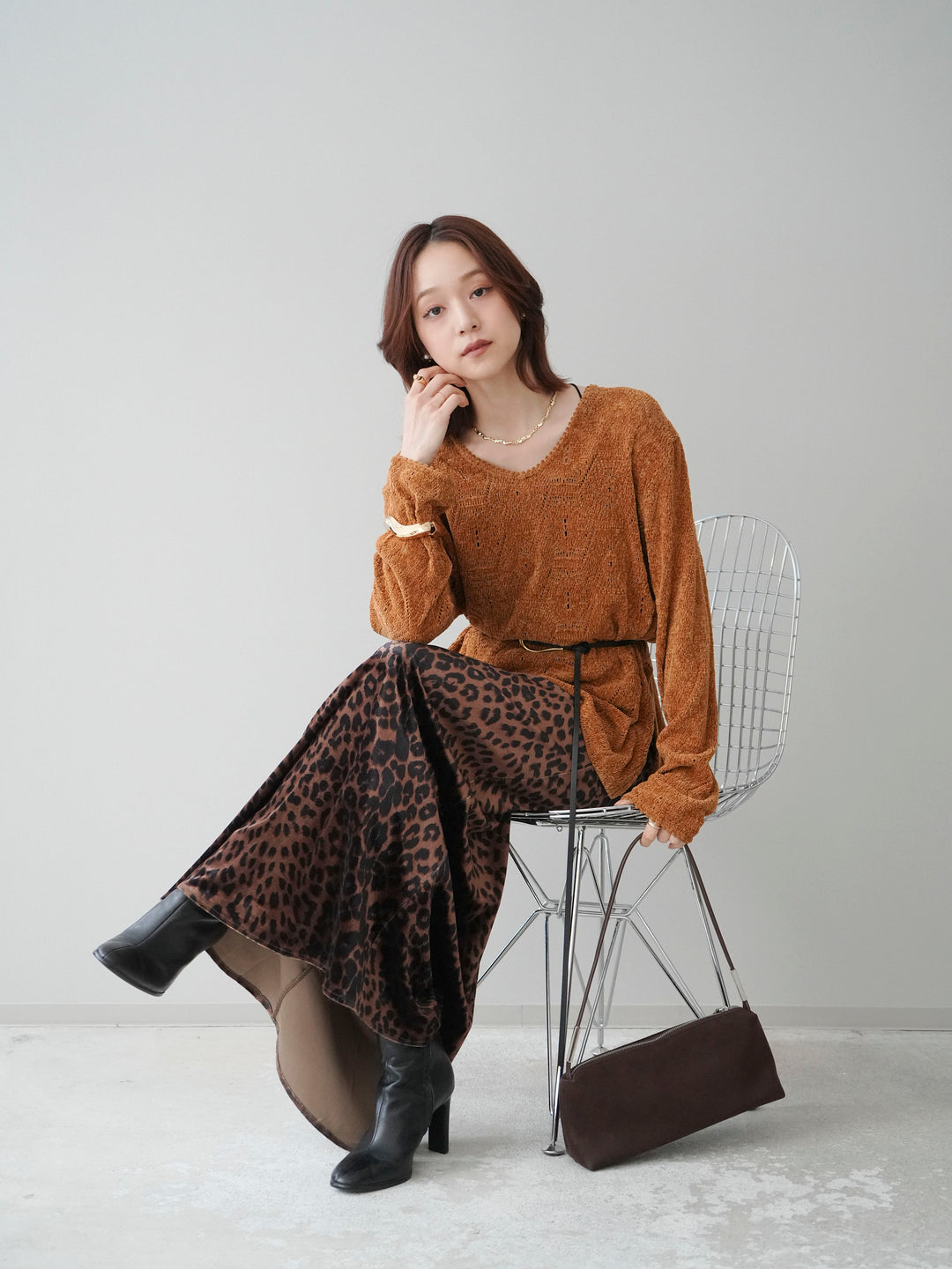 [SET]モール透かし編みニットトップス+レオパードベロアナロースカート(2set)