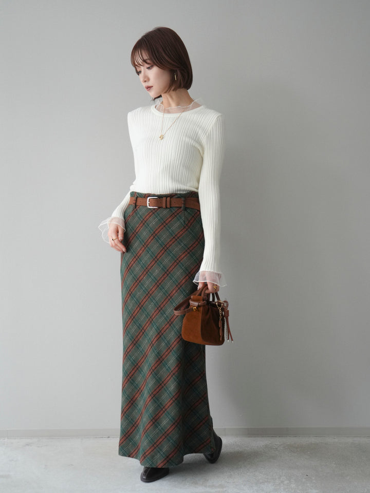 [SET]チュールドッキングリブニットトップス+ベルト付チェック柄ナロースカート(2set)