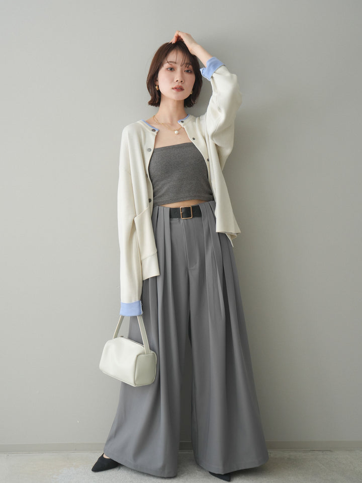 [SET]バイカラーオーバーニットカーディガン+タックベルトループワイドパンツ(2set)