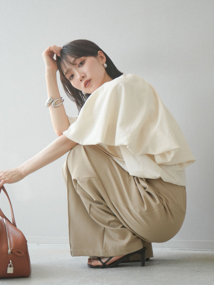 [SET] 燈籠袖褶襉設計上衣 + 拉鍊褶襉寬褲 (2 套)