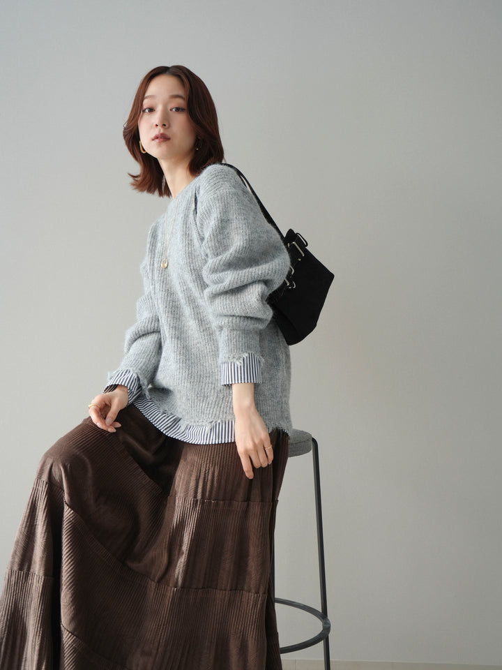 [SET]裾シャツレイヤードダメージニットプルオーバー+裾シャツレイヤードダメージニットプルオーバー(2set)