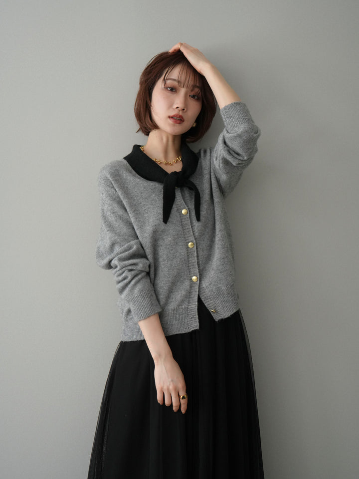 [SET]デザイン襟ニットカーディガン+チュールボリュームスカート(2set)