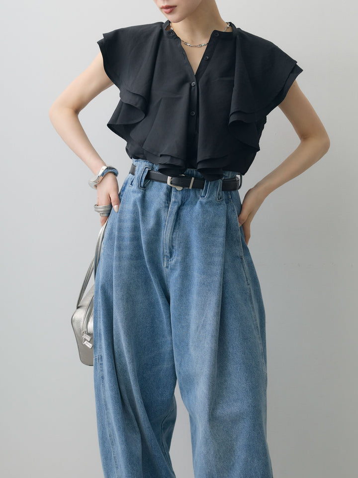 [予約]ラッフルドレープノースリブラウス/black