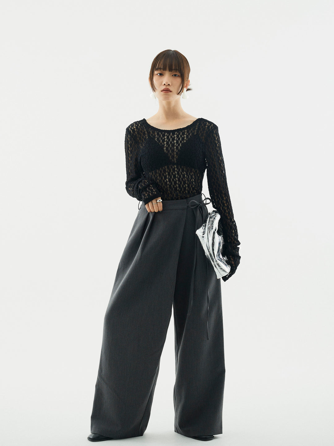 【Allure】[SET]バックラウンドレーストップス+ラップデザインタックワイドパンツ(2set)