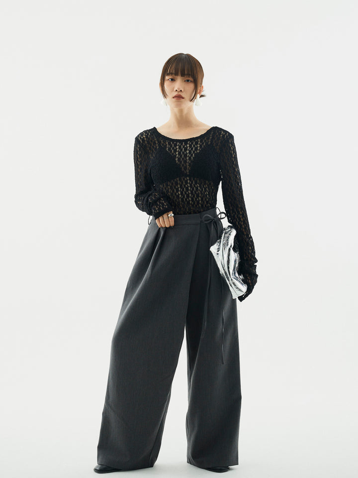 【Allure】[SET]バックラウンドレーストップス+ラップデザインタックワイドパンツ(2set)