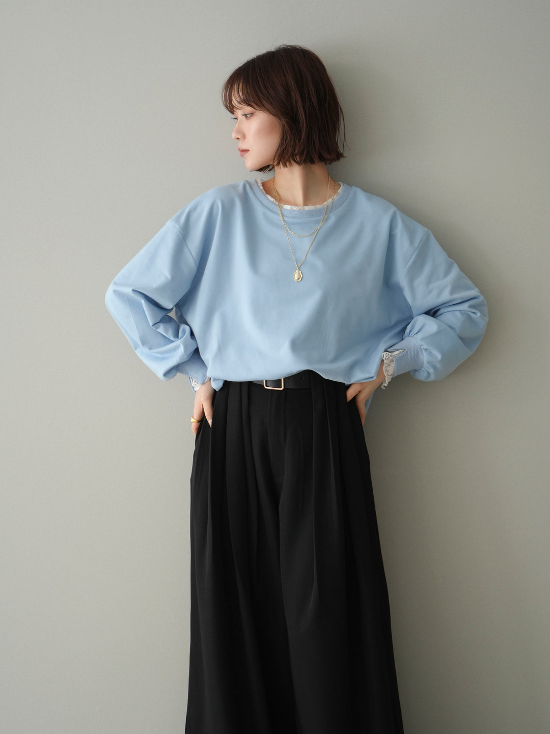 [予約]袖レースカットバルーンプルオーバー/sax