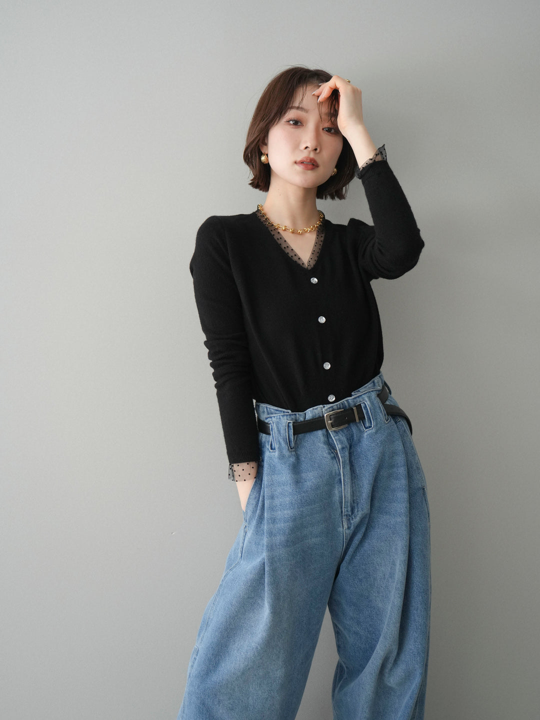[予約]ドットチュールレイヤードニットプルオーバー/black