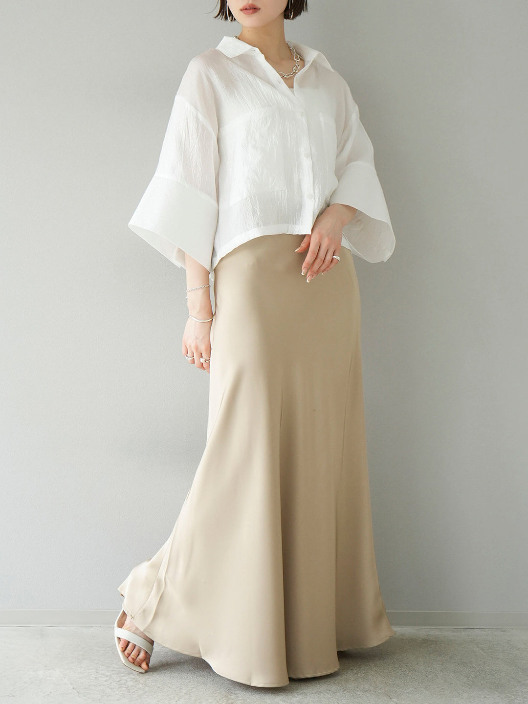 [SET] Big cuff sheer washer shirt + satin narrow skirt (2set)